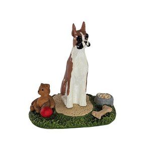 Boxer Dog Sitting Figurine Teddy Bear Ball Bone Bowl